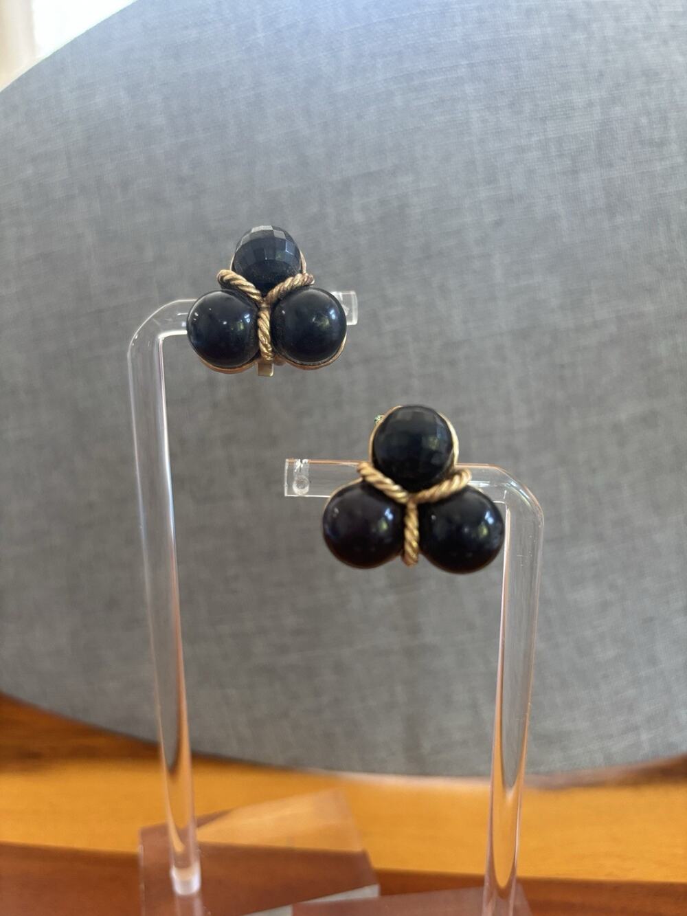 Vintage MCM Retro Jet Black Round Stone Cluster Clip-On Earrings Pair Gold Tone